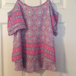 Bright colored open shoulder top